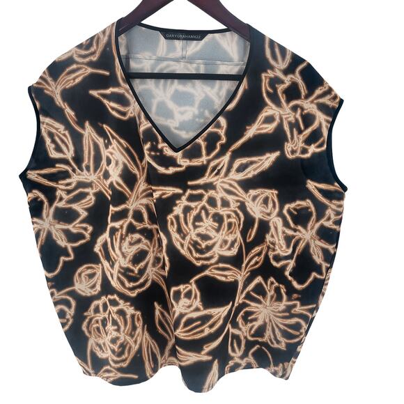 Gary Graham 422 Cocoon Top Short Sleeves Blouse Scoop Neck Black Floral Small - Picture 1 of 9